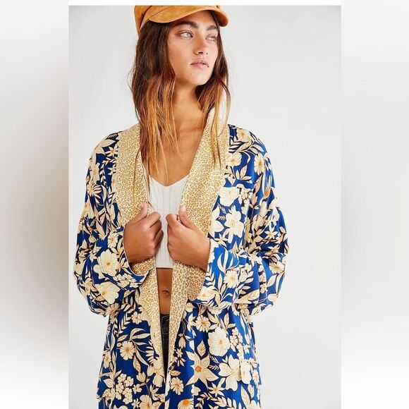 Free People Wild Nights Duster Kimono Floral Blue Combo Size Small - Picture 1 of 15